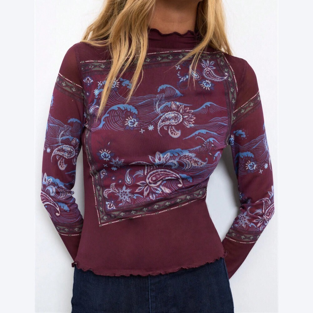 Burgundy Paisley Ocean Print Mesh High Neck Long Sleeve Tee
